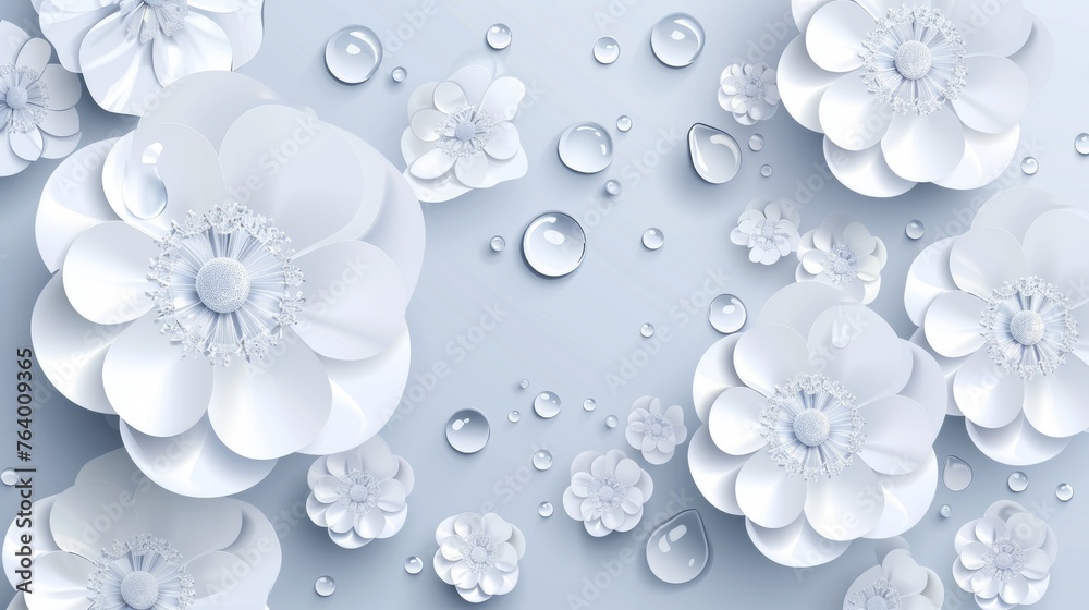 This modern background features decorative white round flowers and drops in a 3D white style This modern background features decorative white round flowers and drops in a 3D white style