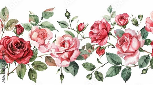 Digital watercolor illustration showing a bouquet of roses, spring blossoms. Horizontal border: red, mauve, pink flowers, buds, green leaves on a white background.