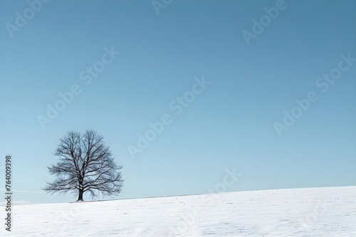 A lone tree stands in the middle of a snow - covered field with a blue sky and clouds in the background,tree in snow,snow covered trees