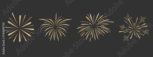 Set gold fireworks, firecrackers golden burst, rays festive doodle sparkle lights isolated on dark background.Celebration, Party Icon, Anniversary, New Year Eve, independence photo