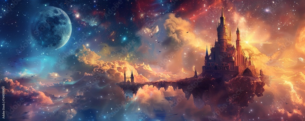 Magical realms and celestial castles float in a universe of wonder Magical realms and celestial castles float in a universe of wonder