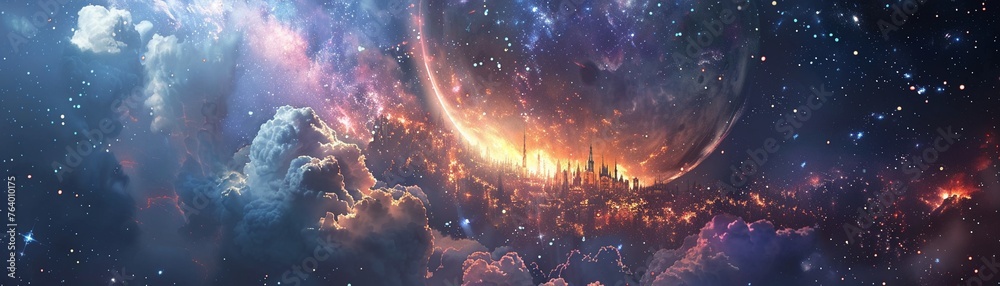 Supernova explosion illuminating a magical fortified city floating among the stars - obrazy, fototapety, plakaty 