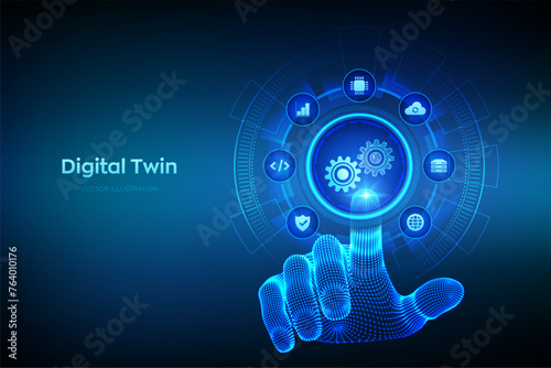 Digital twin business and industrial process modelling technology concept on virtual screen. Innovation and optimisation. Wireframe hand touching digital interface. Vector illustration. photo