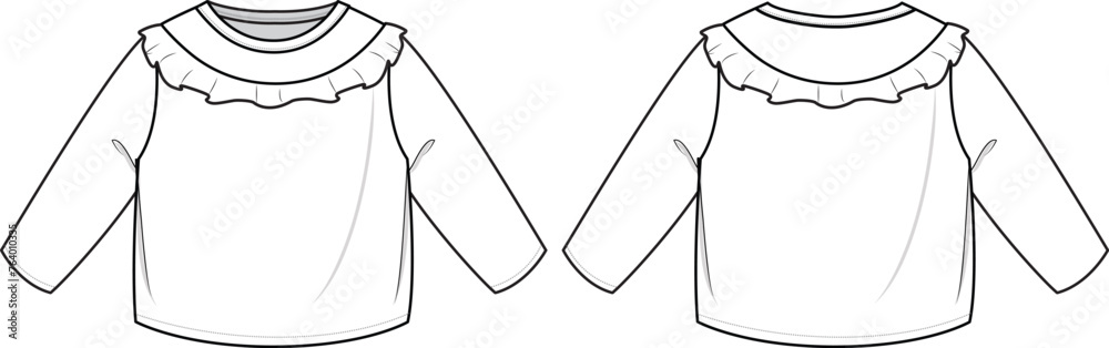 Baby sweat top with frill on neck technical drawing vector - obrazy, fototapety, plakaty 