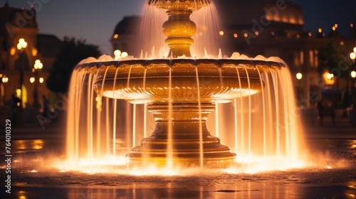 a large fountain with lights and water shooting out of it. skyscrapers and dancing fountain in the evening
