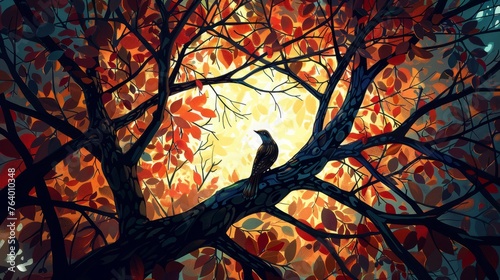 Fototapeta Naklejka Na Ścianę i Meble -  Vibrant 3d tree abstraction  colorful leaves on hanging branches   interior mural wallpaper