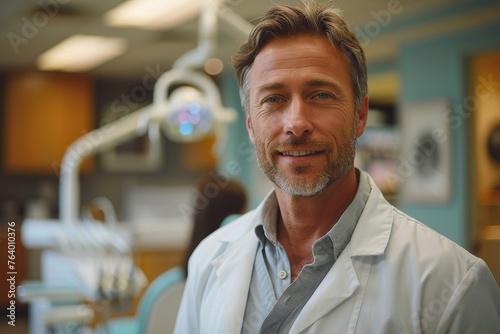 Middle-aged male dentist stands confidently in his well-equipped clinic, giving a sense of professionalism