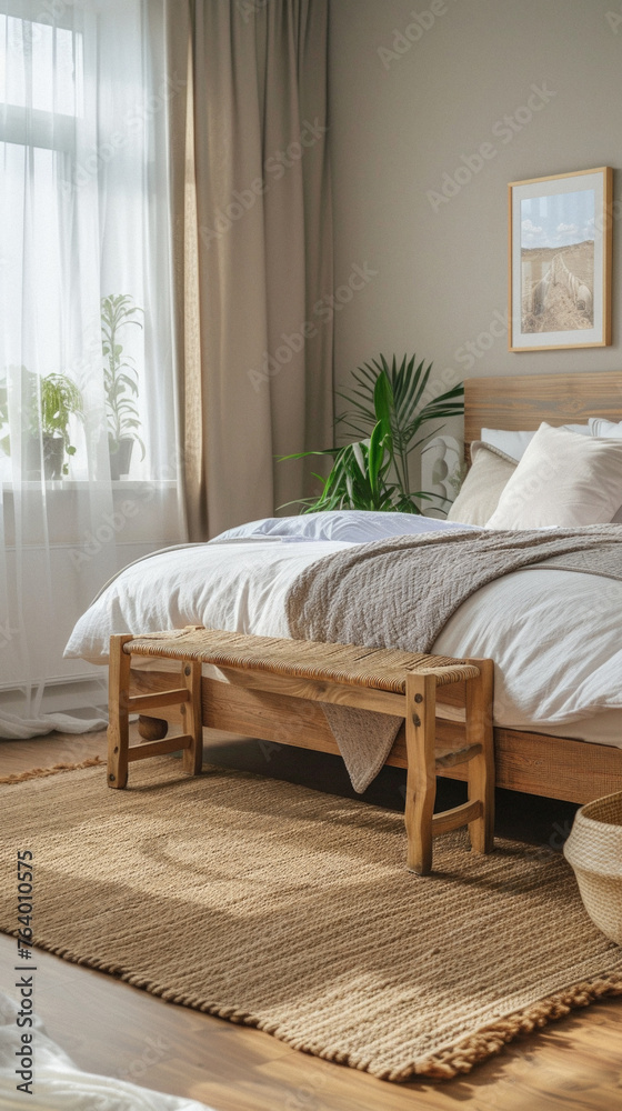Cozy bedroom interior design. Modern light house or hotel room with comfortable large king size bed, luxury linen and stylish trendy minimal or classic decor background. Bedroom home furniture shop. Cozy bedroom interior design. Modern light house or hotel room with comfortable large king size bed, luxury linen and stylish trendy minimal or classic decor background. Bedroom home furniture shop.