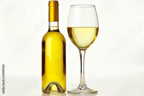 White wine bottle and glass isolated on white background, elegant and sophisticated presentation