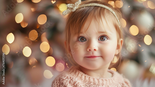The innocent delight of a young child dressed in a cozy festive outfit, surrounded by the magical shimmer of holiday lights.