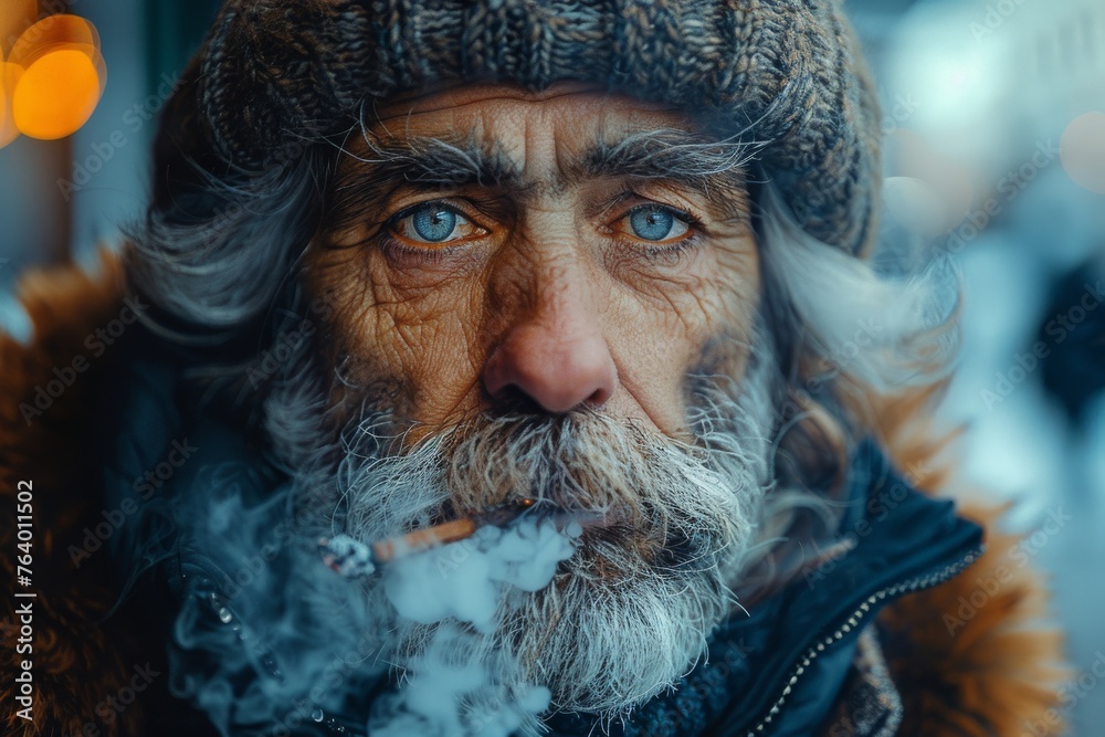 A striking image of a man with blue eyes and a thick beard, smoking a cigarette in a cold environment