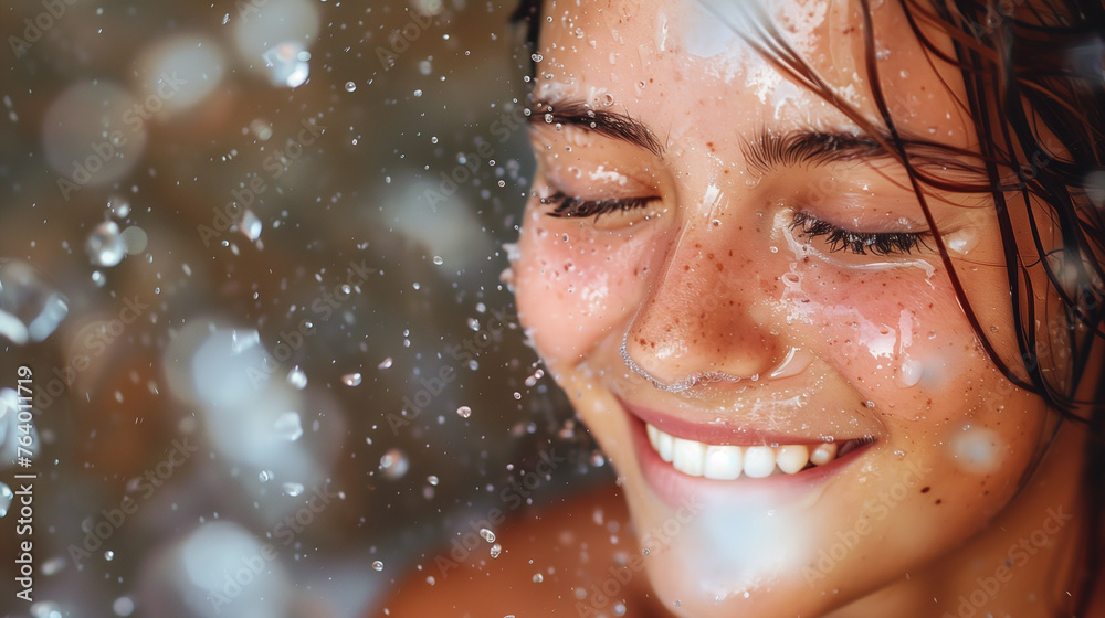 beautiful woman with clean skin and splash of water around her face. Spa and wellness treatment