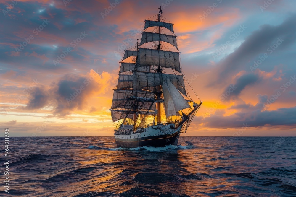 A classic tall ship sails on the open sea, evoking images of exploration, maritime history, and the romance of traditional sailing