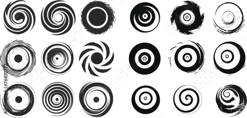 Spiral vortex motion elements, vertigo motion swirl spiral silhouettes vector illustration element set