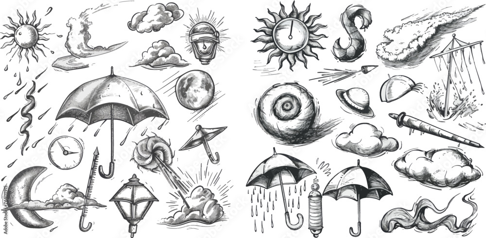 Hand drawn rain, storm and snow. Clear sun and moon, tornado and hurricane wind, thermometer and retro umbrella vector set