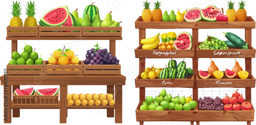 Fruits, vegetables wooden counter, grocery store organic food