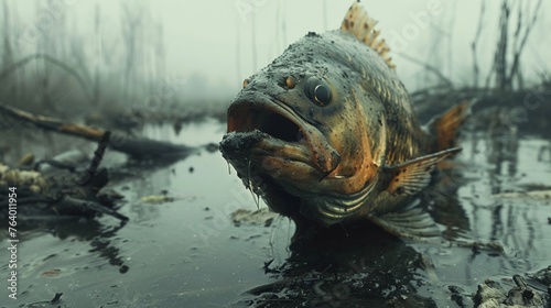 Fish gasping in contaminated water, oil film surface, overcast, suffocating scene