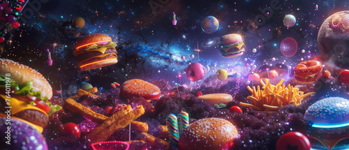 the universe with planets  stars  and galaxies  transformed into fast food styled like neon lights.