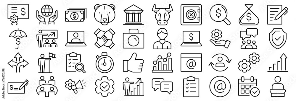 Bank and finance icon set. Business and corporation. Contain symbol of safe, global market, auction, crowd funding, start up, meeting, stock, bull and bear. Sign and symbol. Vector illustration. Bank and finance icon set. Business and corporation. Contain symbol of safe, global market, auction, crowd funding, start up, meeting, stock, bull and bear. Sign and symbol. Vector illustration.