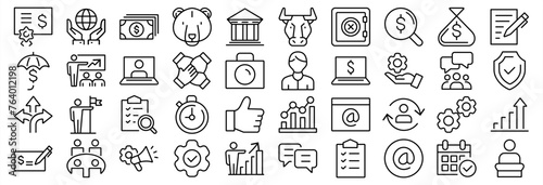 Bank and finance icon set. Business and corporation. Contain symbol of safe, global market, auction, crowd funding, start up, meeting, stock, bull and bear. Sign and symbol. Vector illustration.