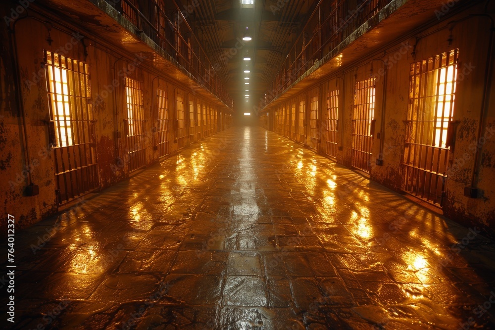 An ominous prison hallway bathed in an orange glow, reflecting off the glossy floor, conveying a sense of foreboding