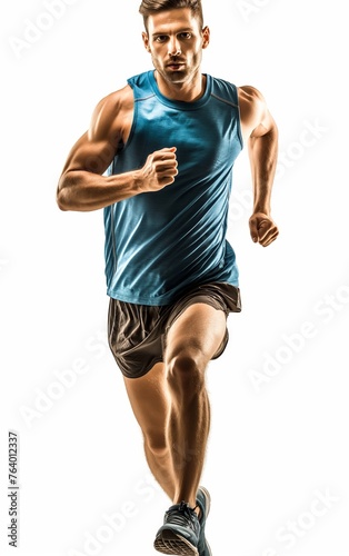 A focused male runner in sportswear mid-stride against a white background, highlighting motion and fitness.