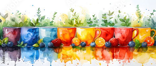 A row of colorful watercolor painted mugs with fresh fruits and leaves creating a stylish and appetizing kitchenware set illustration