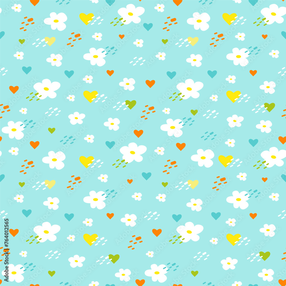 Seamless bright spring or summer floral vector pattern. Background with small plants, daisy flowers, hearts, dots. 
