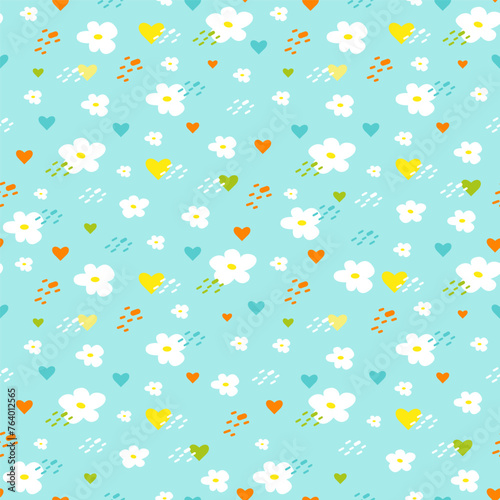 Seamless bright spring or summer floral vector pattern. Background with small plants, daisy flowers, hearts, dots. 