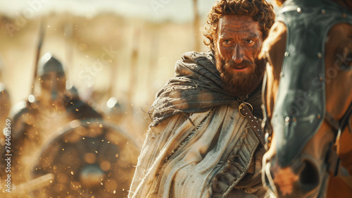 A man on horseback in a historical setting, evoking the biblical figure King David.