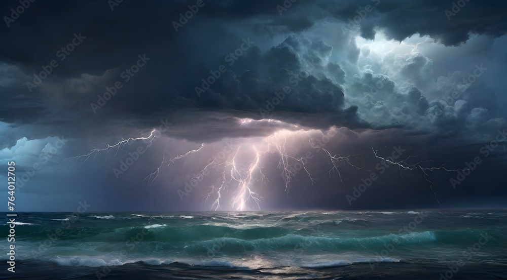 Dramatic clouds with lightning sea storm at night, Dark sky above water, Ocean waves