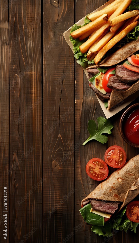 Top view of traditional sandwiches and french fries on wooden table with space for text Top view of traditional sandwiches and french fries on wooden table with space for text