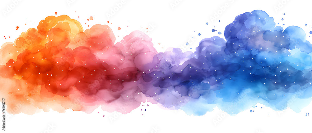 Vibrant watercolor ink blots transition from warm to cool hues, creating an abstract art piece
