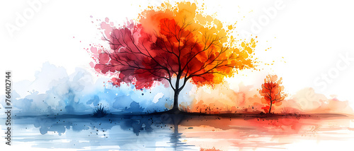 Watercolor painting of a vibrant autumn tree blending with its colorful reflection in a water body