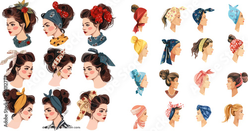 Hairstyle fashion vintage headscarves vector illustration set