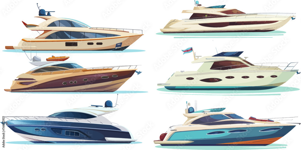 Cruise boats, luxury yacht steamer and speed boat, transportation for ocean water isolated vector illustration set Cruise boats, luxury yacht steamer and speed boat, transportation for ocean water isolated vector illustration set