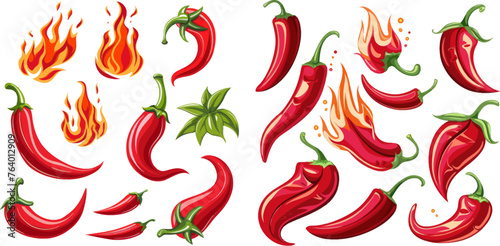 Cartoon spicy red chilli pepper in fire flames, red hot burning mexican peppers isolated vector illustration icons set photo