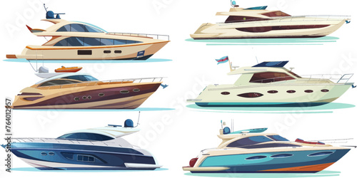 Cruise boats, luxury yacht steamer and speed boat, transportation for ocean water isolated vector illustration set