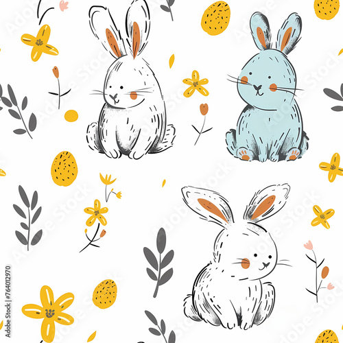 Cute line drawn bunnies amid flowers and eggs in lemon white blue and grey pattern repeat seamless, isolated png.