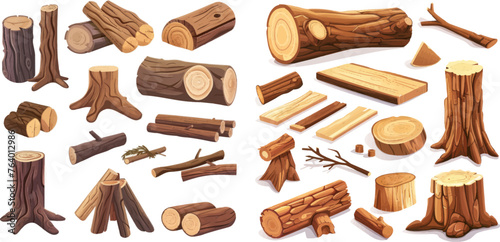  Tree trunk, woodwork planks and logging twigs, lumber industry chopped firewood material isolated vector illustration icons set