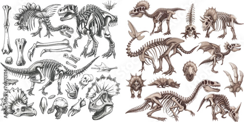 Dino bones, stegosaurus fossil and tyrannosaurus skeleton photo
