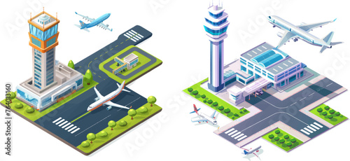 Isometric airport building and runway, plane taking off photo