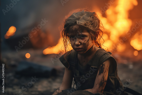 Poignant portrayal of a weeping, displaced little girl, reflecting the harsh realities of conflict's aftermath.