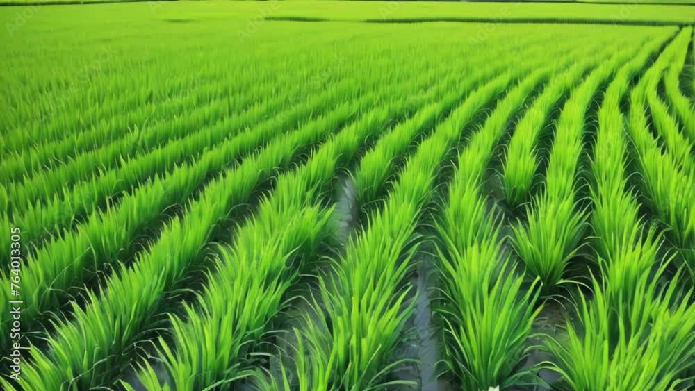 Large green rice field with green rice plants in rows Large green rice field with green rice plants in rows