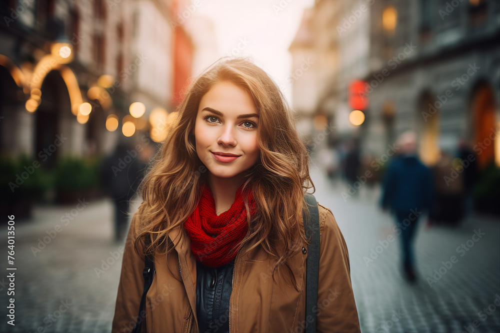 Generated with AI photo of woman in a stylish clothes against a city backdrop Generated with AI photo of woman in a stylish clothes against a city backdrop