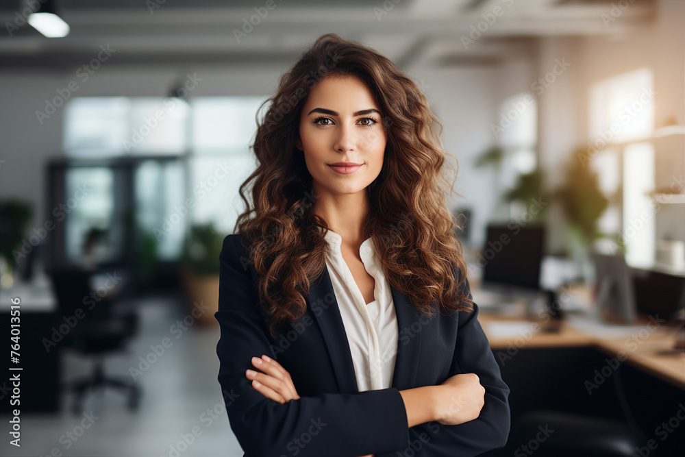 Generative AI image of female leader girl business woman posing crossed hands looking at camera in office Generative AI image of female leader girl business woman posing crossed hands looking at camera in office