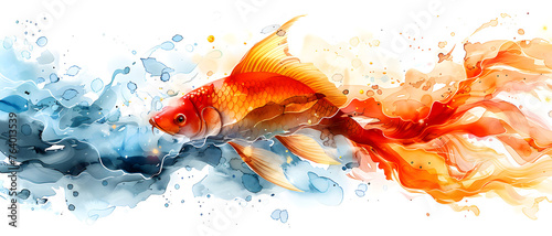 A vibrant koi fish weaves through contrasting streams of cool and warm watercolors, symbolizing harmony and balance
