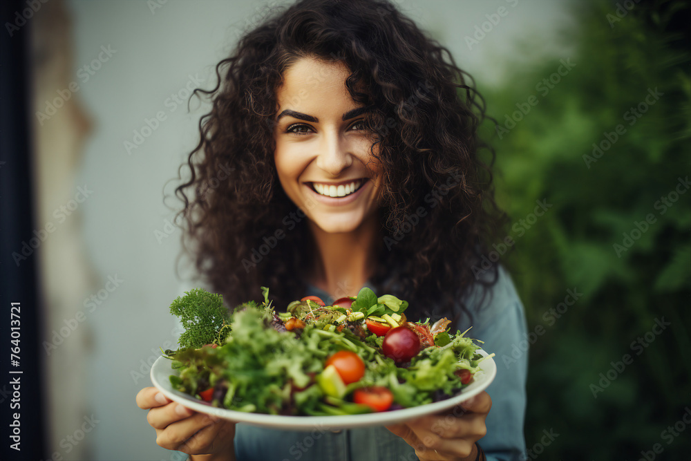 AI generated image of beautiful woman cooking and eating healthy organic vegetarian food AI generated image of beautiful woman cooking and eating healthy organic vegetarian food