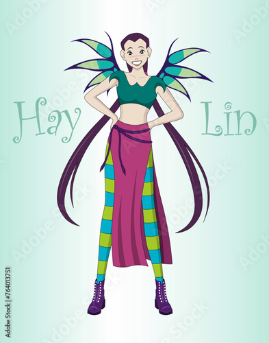Hay Lin from W.I.T.C.H team. Character, guardian of air. Girl with wings. Asian girl with long hair. Striped tight