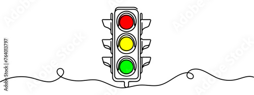 Continuous one line drawing of traffic lights with poles to regulate vehicle travel at road intersections. There are red, yellow, green lights. Single line draw design vector graphic illustration.